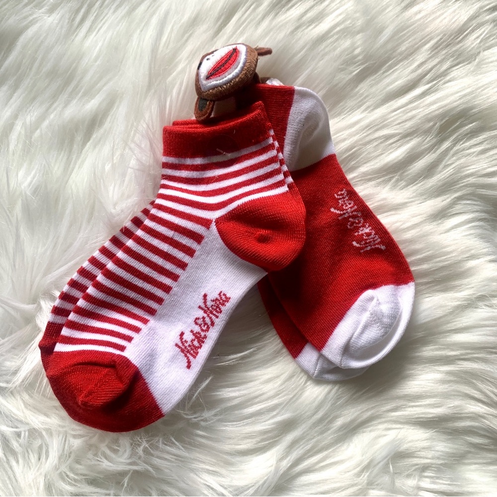 NWT 2 Pairs Nick & Nora Red White Striped Monkey Girls Socks Christmas Holidays